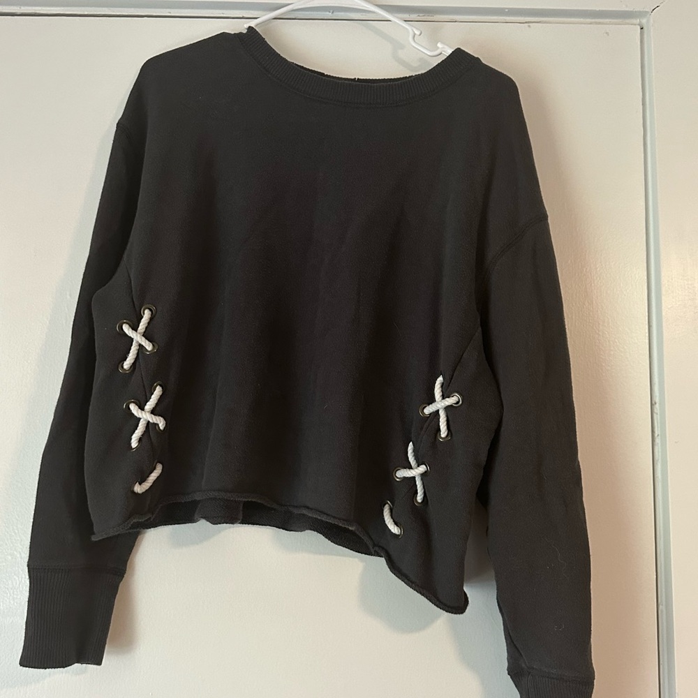 Aerie Black Cropped Sweatshirt with White Cross Stitching